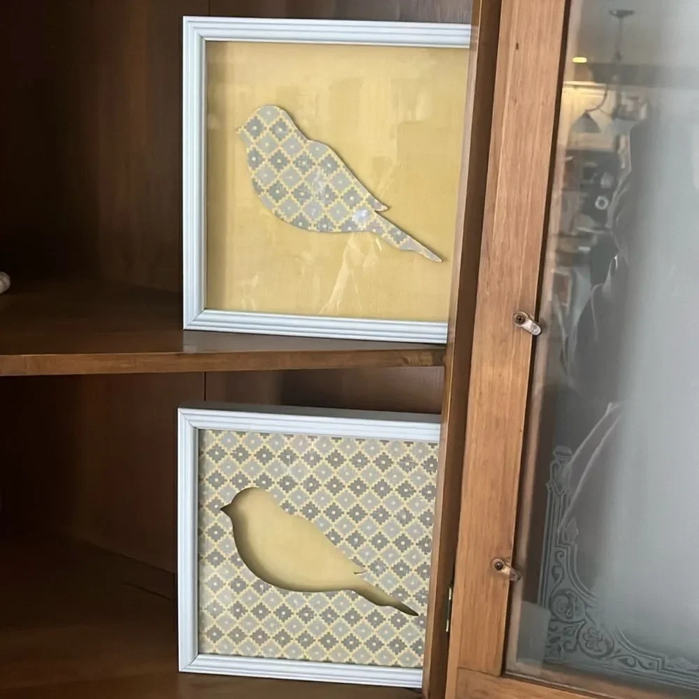 Bird Nature Yellow Grey Pattern 3D Set of Square White Picture Frames Artwork